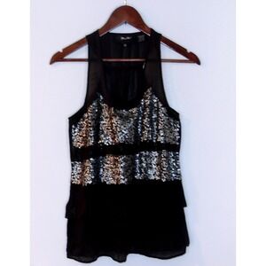 Miss Me Sequin Tank Top Sleeveless Party Layered Black Silver Size M / #5182‎